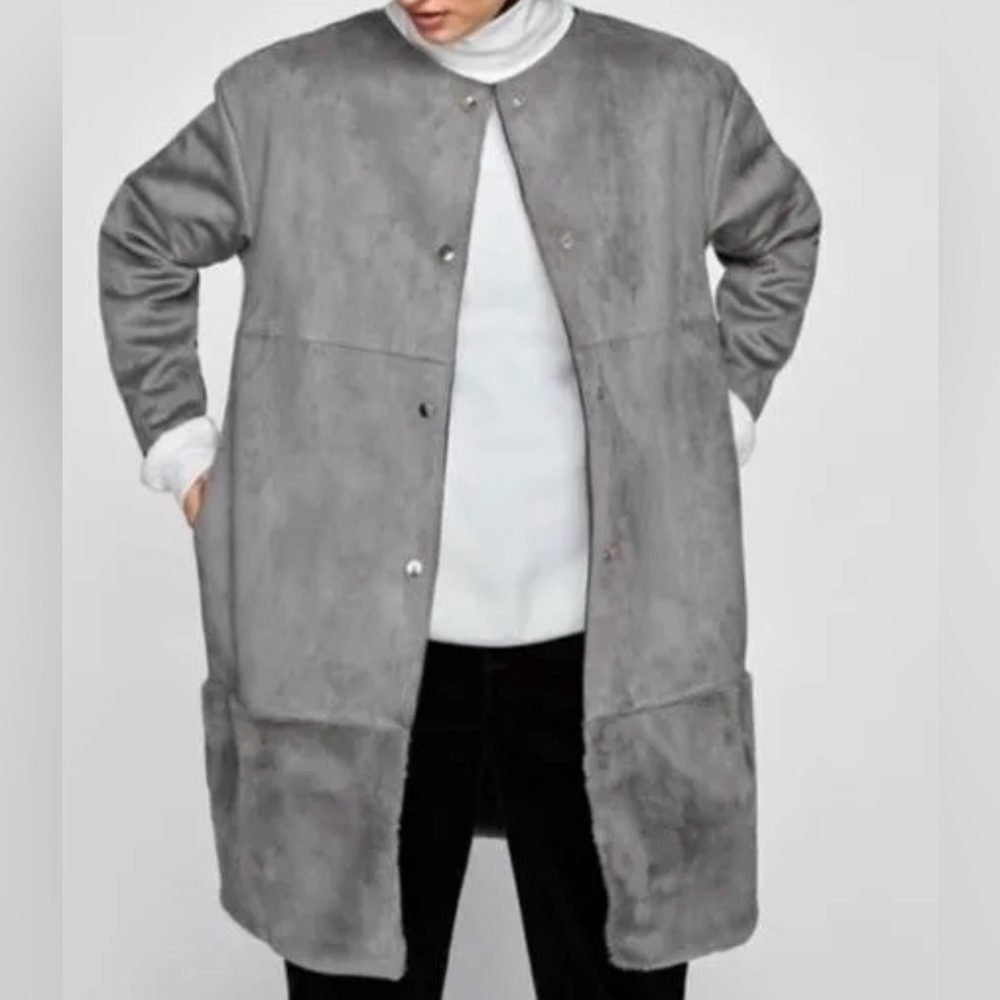 Zara Gray Suede Faux Fur Trim Long Jacket Size Small